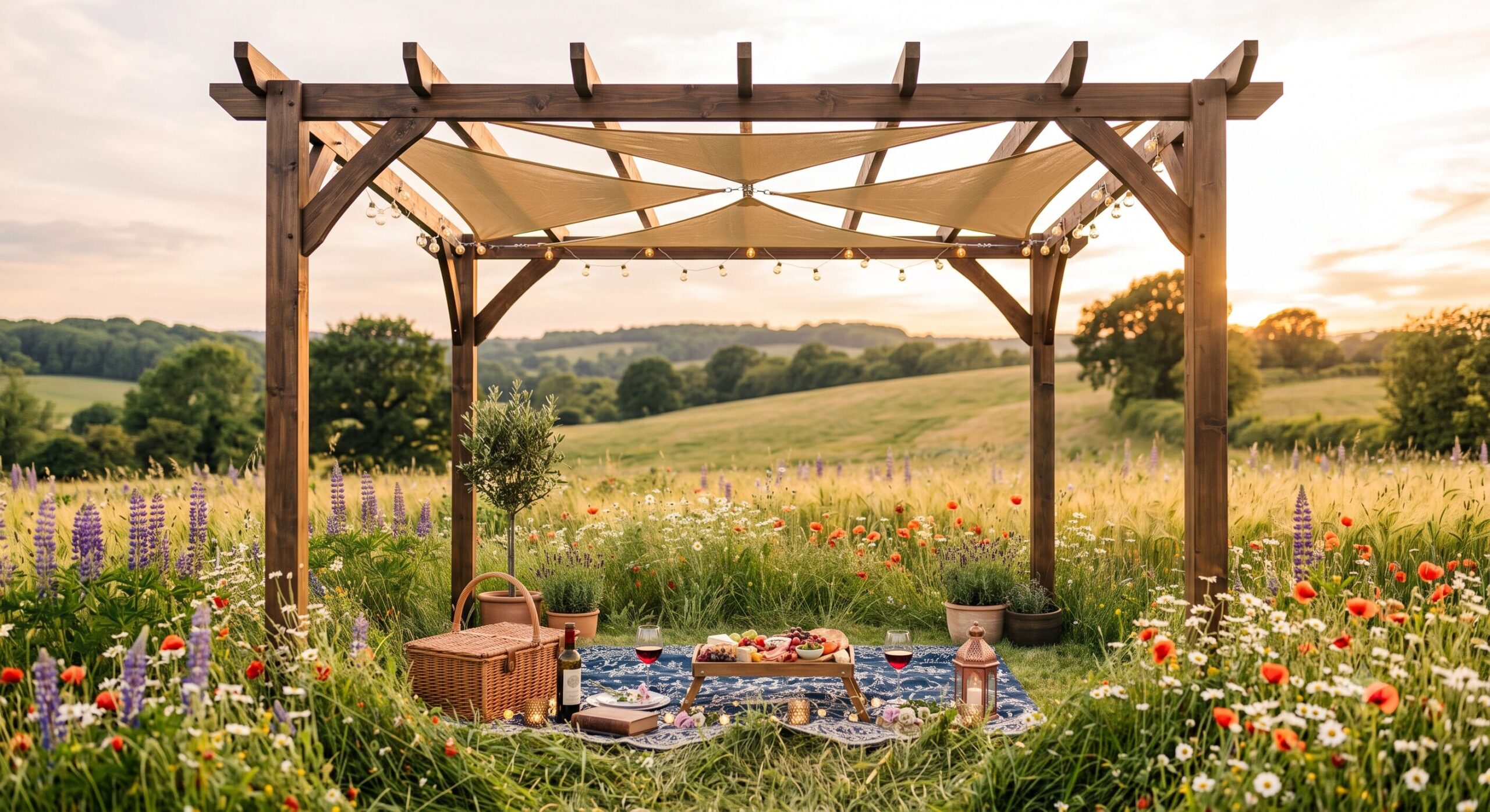 Private picnic set under a pergola on a hill